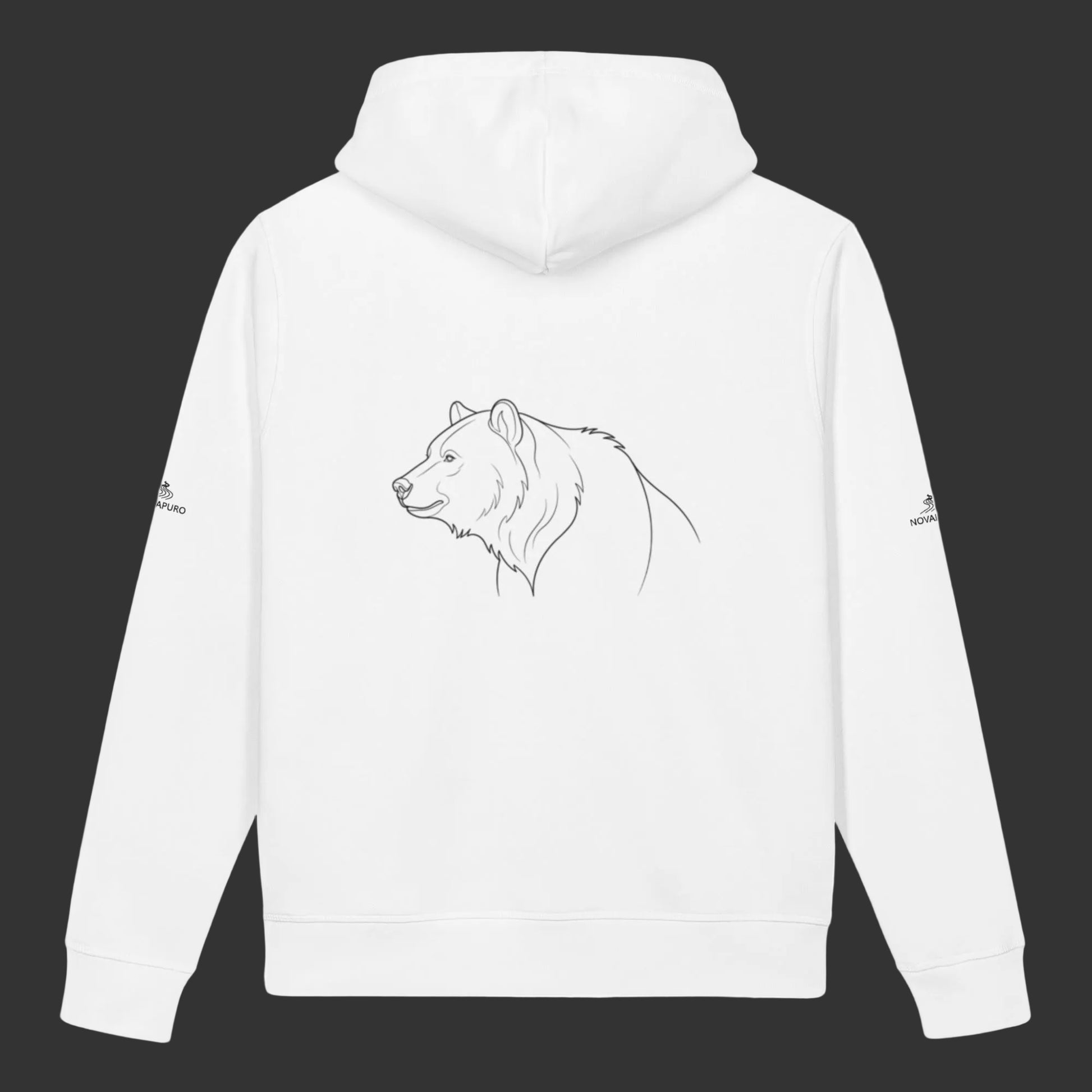 A clean white premium organic hoodie with side pockets, featuring a black line art drawing of a Nordic bear on the back and subtle brand logos on the sleeves.