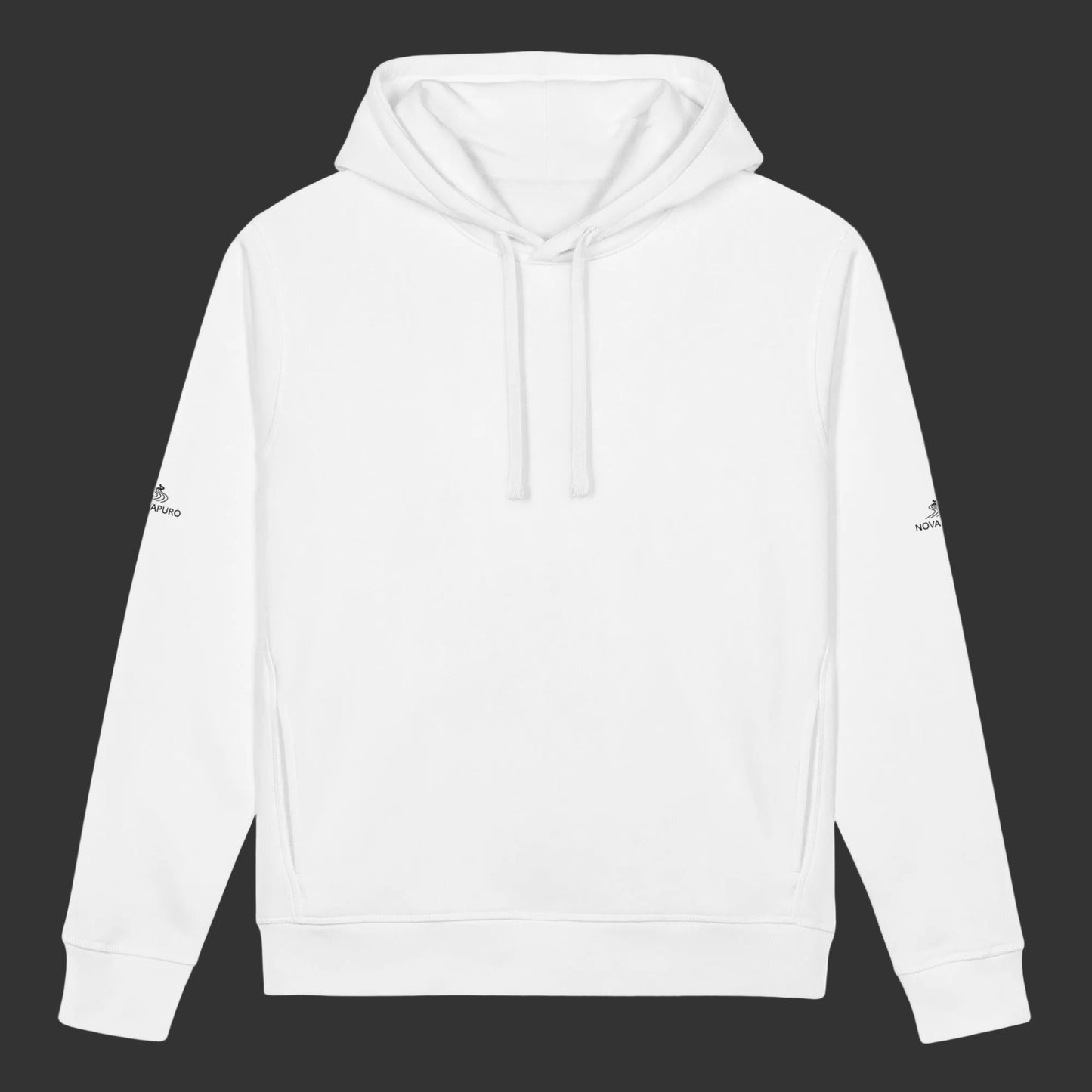 A clean white premium organic hoodie with side pockets, featuring a black line art drawing of a Nordic bear on the back and subtle brand logos on the sleeves.