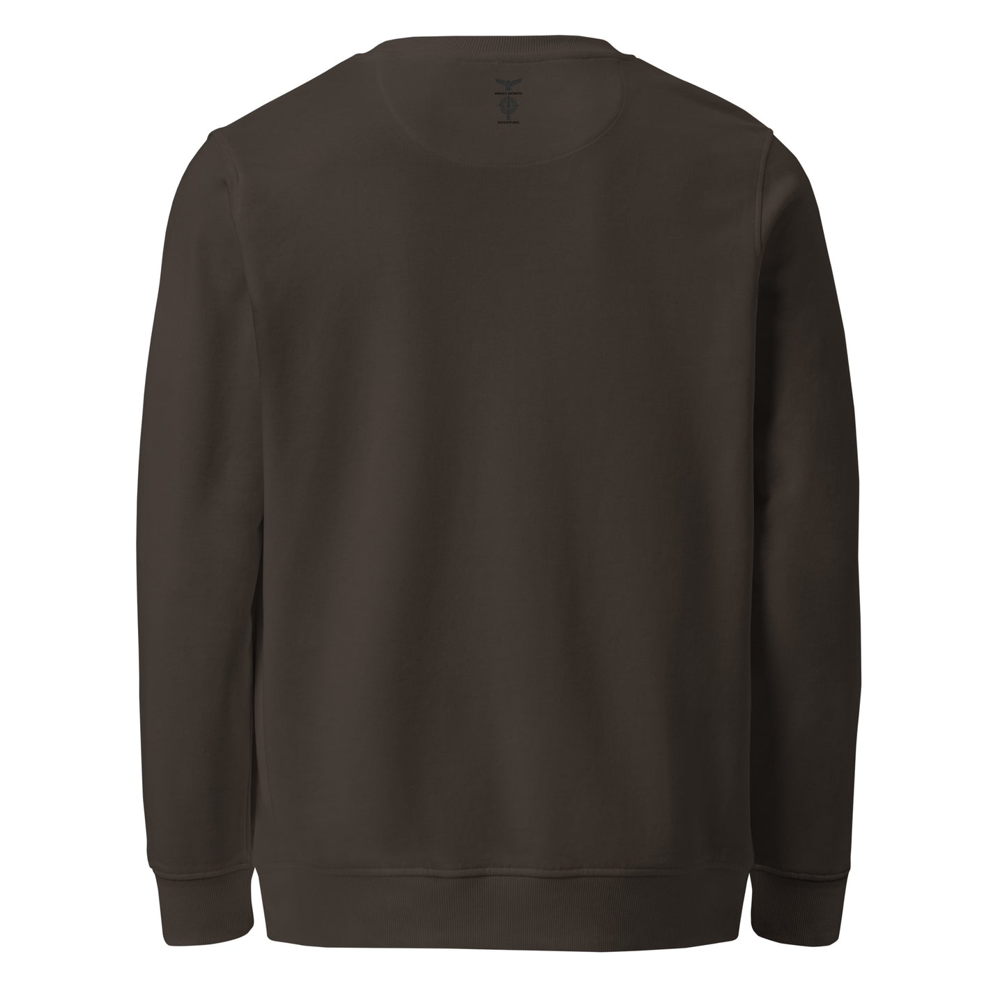 Back view of a brown organic sweatshirt from the Mikko Monto x Novapuro collection