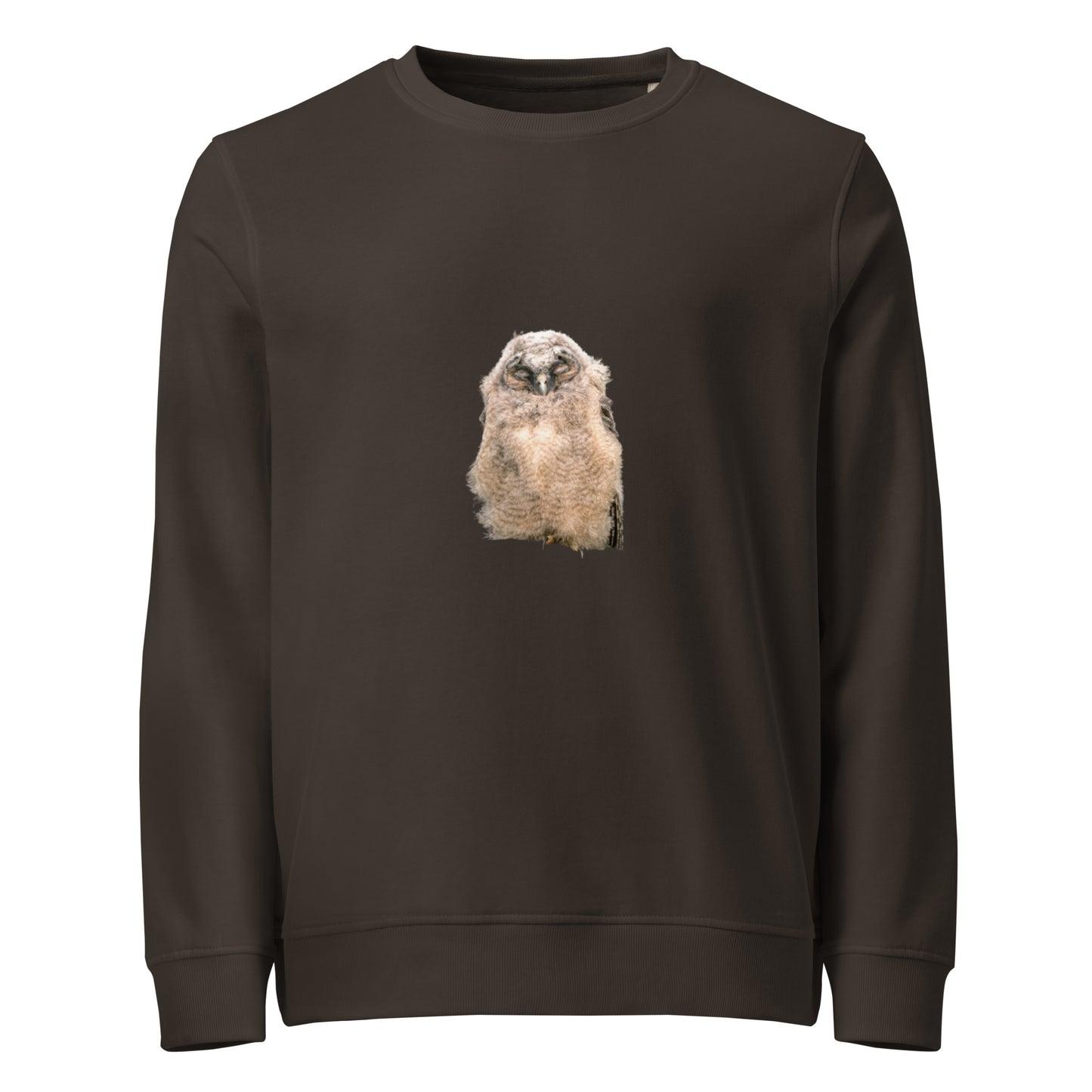 Front view of a brown organic sweatshirt featuring Long-eared Owl wildlife stippling art.