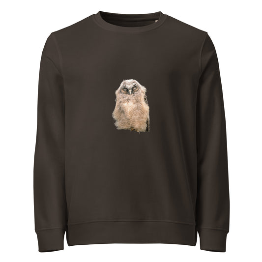 Front view of a brown organic sweatshirt featuring Long-eared Owl wildlife stippling art.