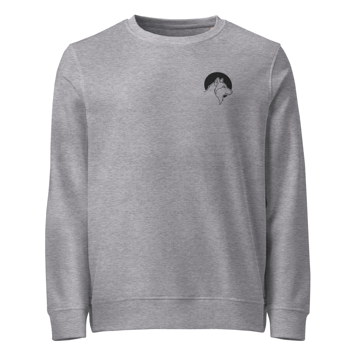 Front view of a grey minimalist wolf logo organic sweatshirt made from sustainable and recycled materials.