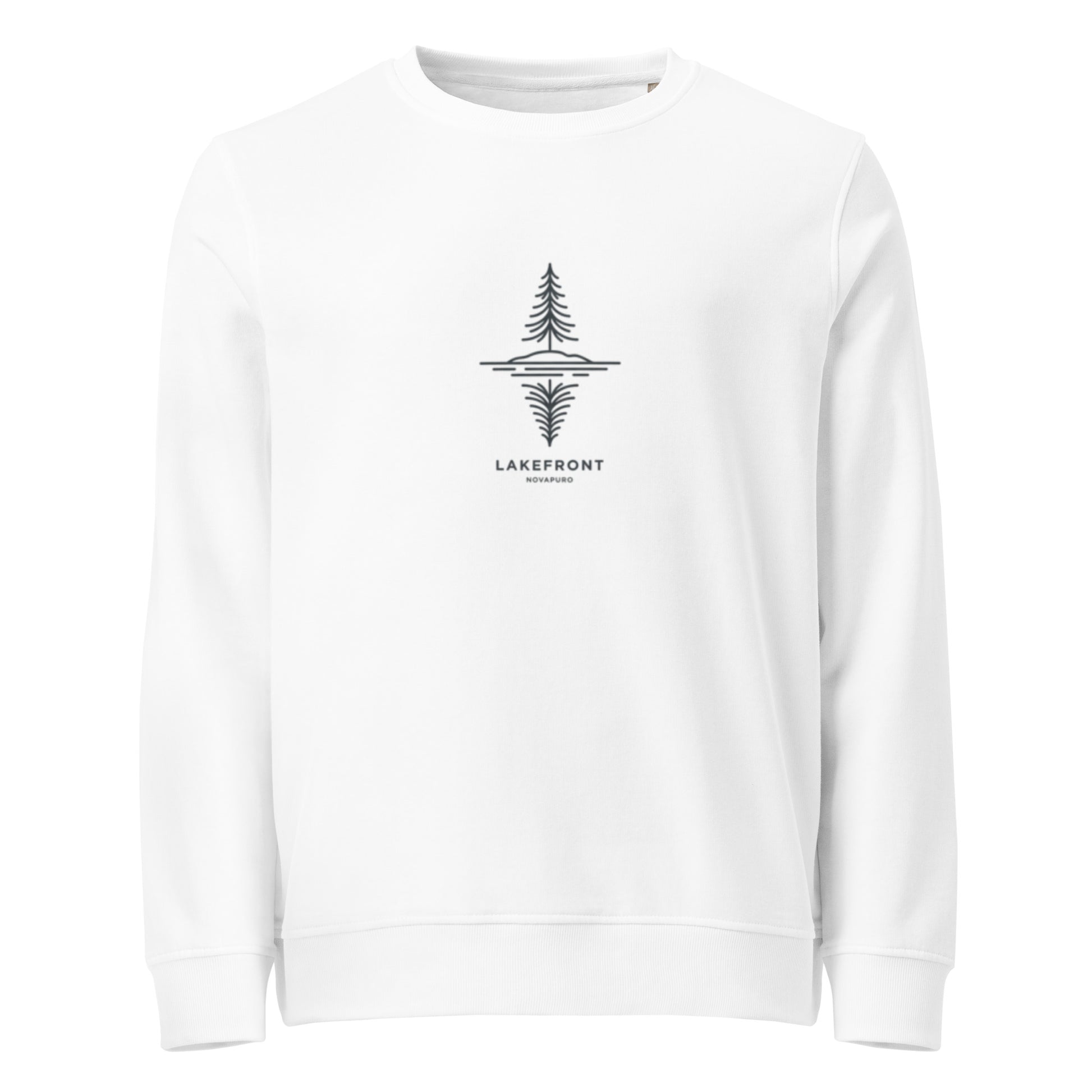 A model wearing a white premium organic sweatshirt featuring a minimalist line art illustration of a pine tree reflecting on a Nordic lake.