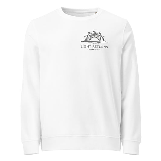 Minimalist sun graphic with 'Light Returns Novapuro' text on a grey or white eco-friendly organic cotton sweatshirt.