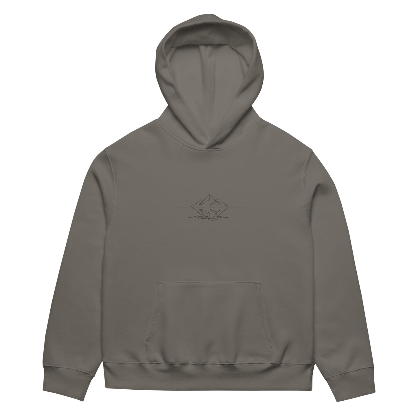 Khaki brown oversized heavyweight hoodie featuring a minimalist black continuous line art of a mountain peak reflecting on a lake