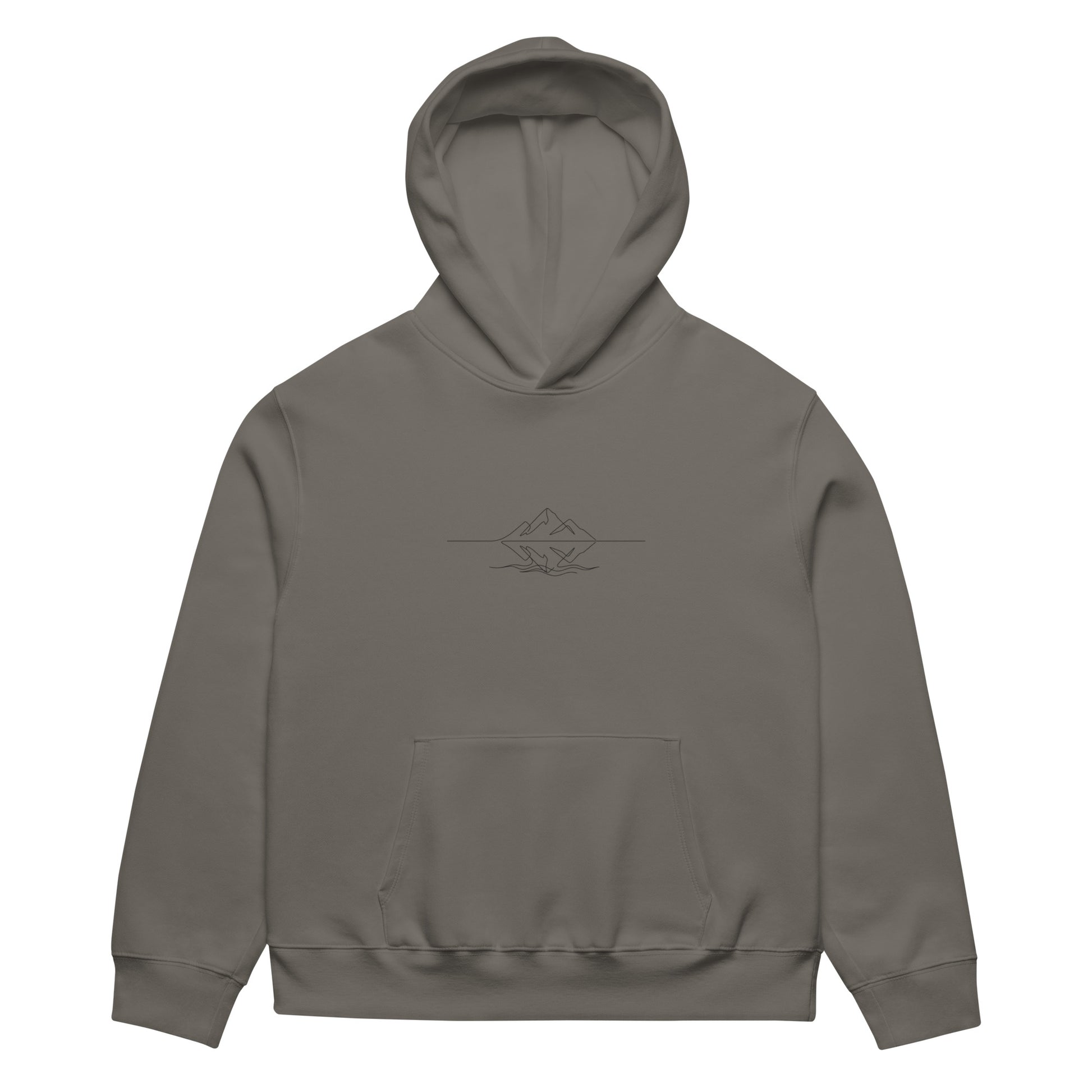 Khaki brown oversized heavyweight hoodie featuring a minimalist black continuous line art of a mountain peak reflecting on a lake