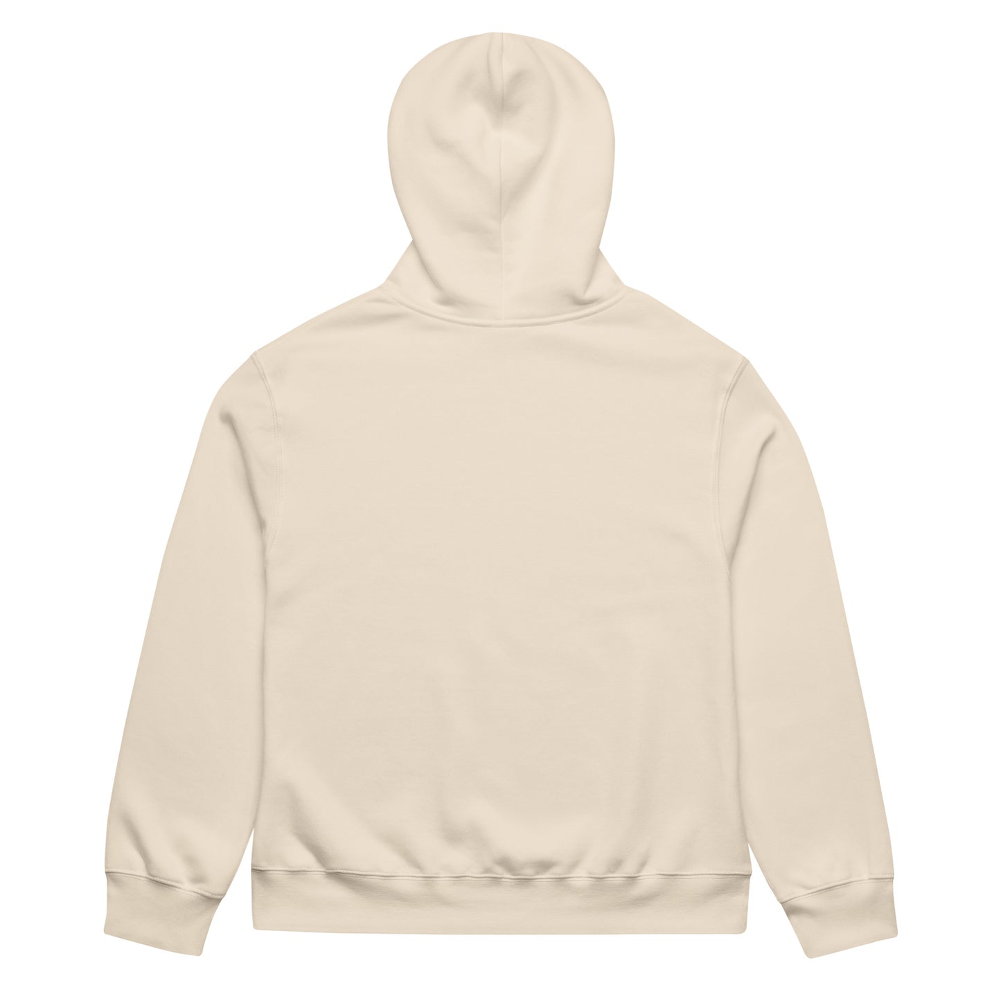 Khaki brown oversized heavyweight hoodie featuring a minimalist black continuous line art of a mountain peak reflecting on a lake