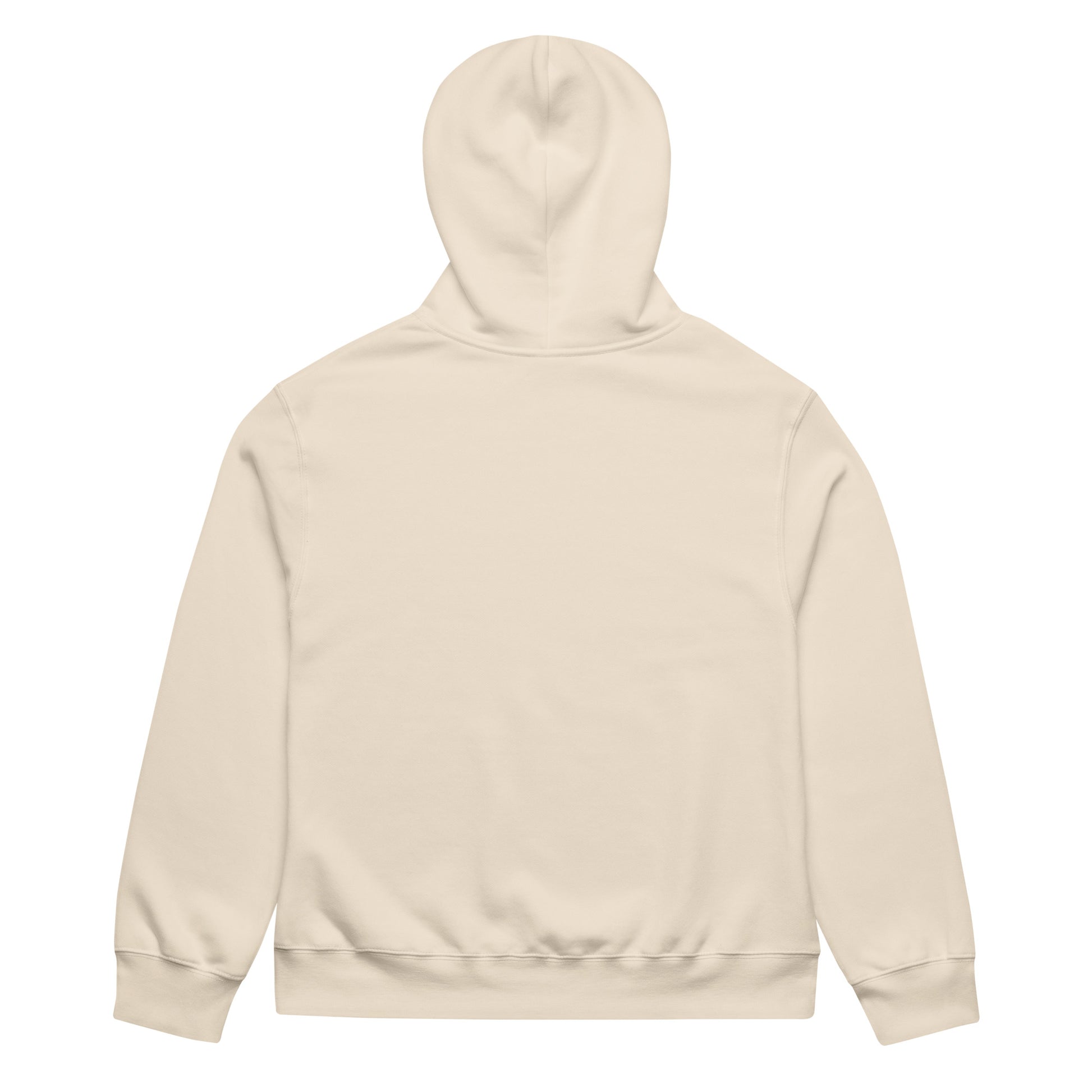 Khaki brown oversized heavyweight hoodie featuring a minimalist black continuous line art of a mountain peak reflecting on a lake
