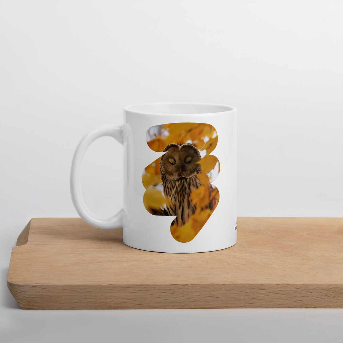Premium white glossy ceramic coffee mug featuring a fine art nature photograph of a Nordic Ural owl from the Tarja x Novapuro collection.
Woman holding a white ceramic mug featuring a Nordic Ural owl nature photograph from the Tarja x Novapuro collection.
