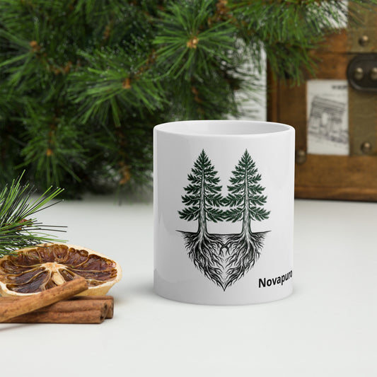 Novapuro Natural Connection Ceramic Mug. White ceramic coffee cup with minimalist nature design. Perfect for tea and coffee.