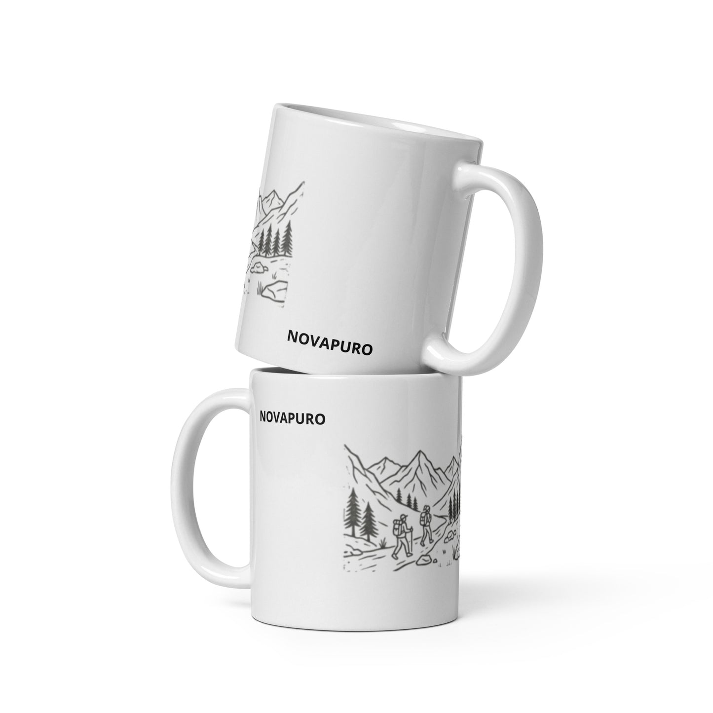 Novapuro Adventure Buddy ceramic coffee mug. Minimalist Nordic design featuring two hikers and mountain landscape. Perfect Valentine's Day gift for nature lovers and hiking friends. White glossy finish.