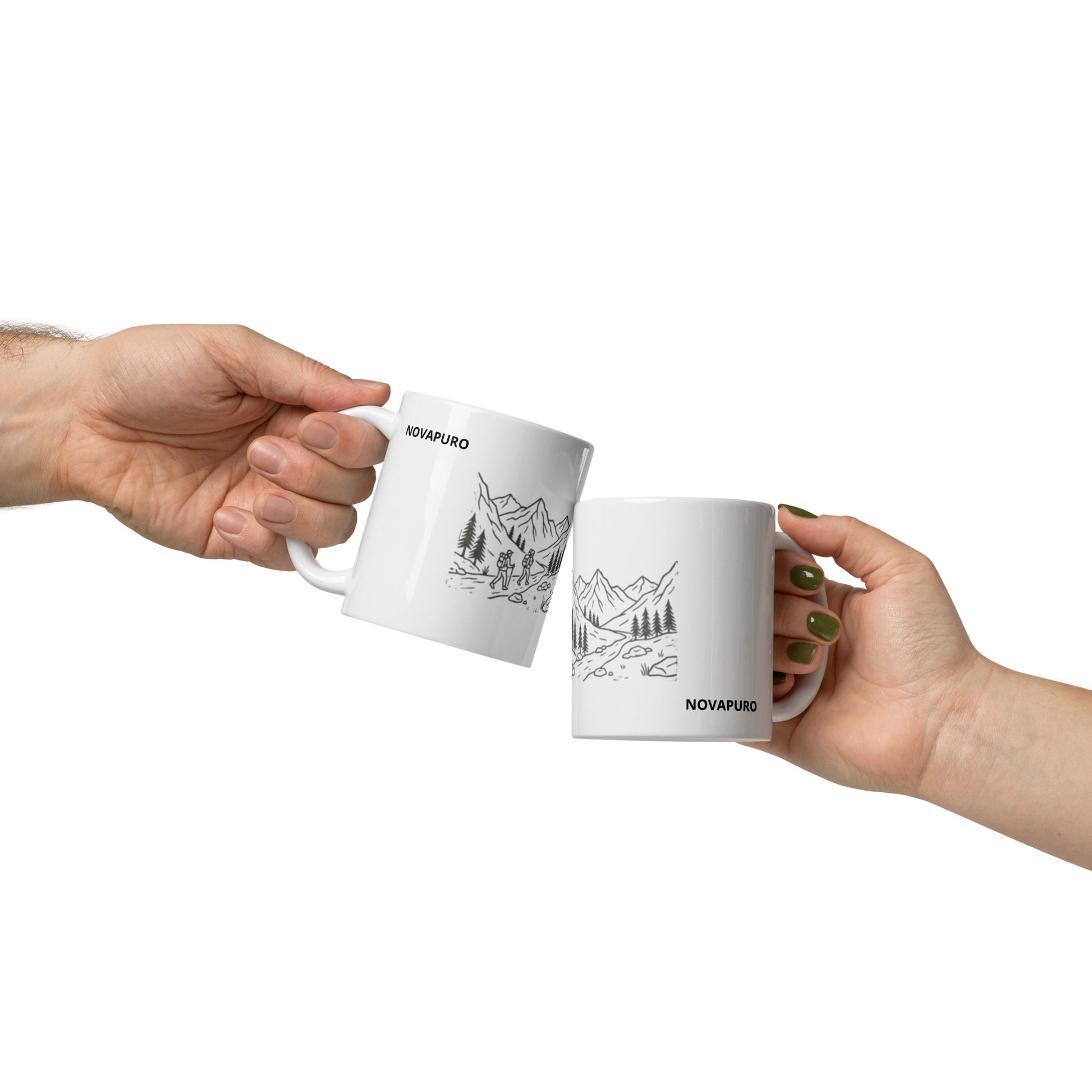 Novapuro Adventure Buddy ceramic coffee mug. Minimalist Nordic design featuring two hikers and mountain landscape. Perfect Valentine's Day gift for nature lovers and hiking friends. White glossy finish.