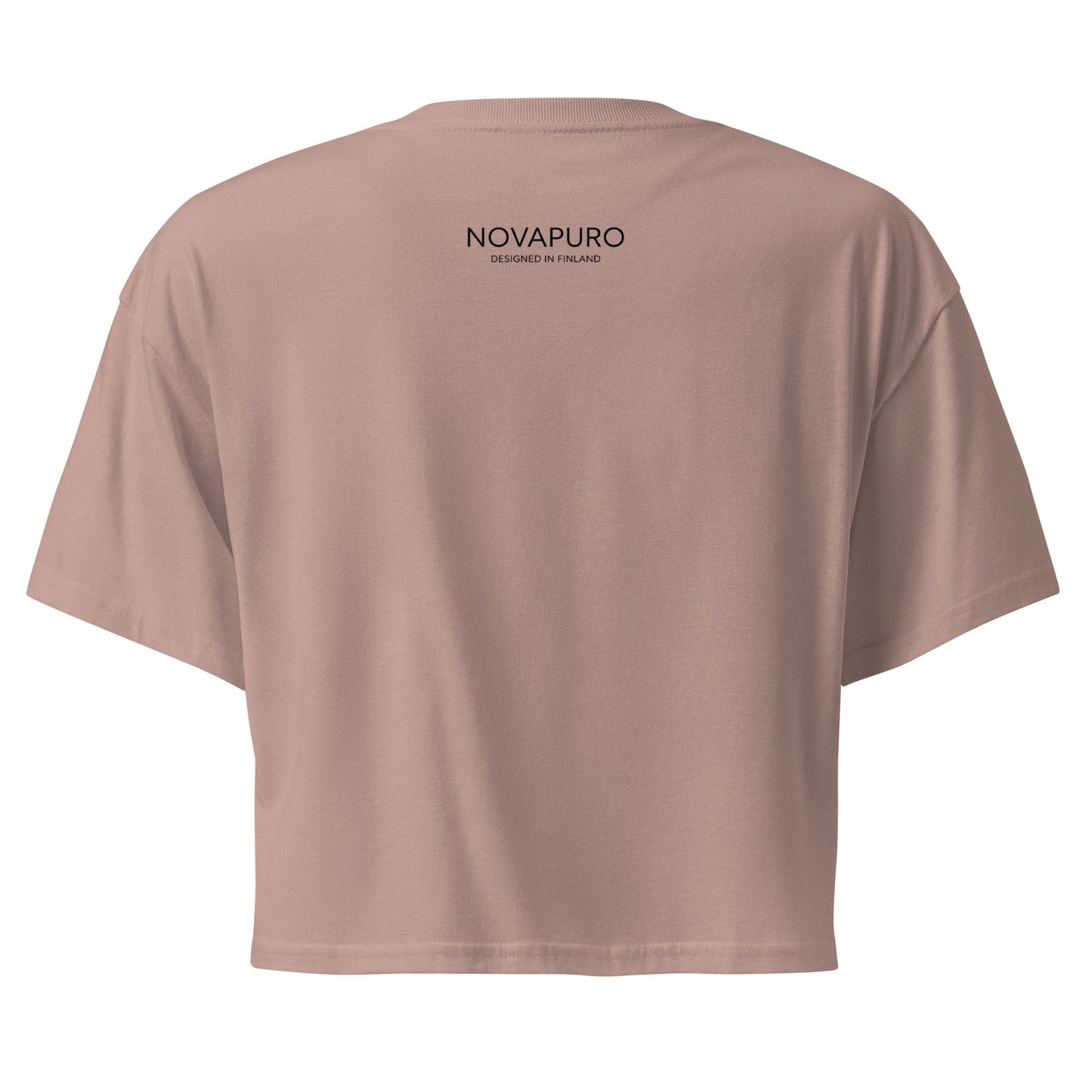 Close-up of the Novapuro signature logo on a soft combed cotton women's crop top