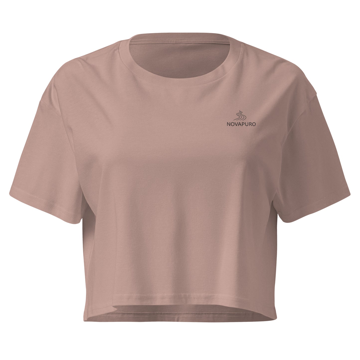 Close-up of the Novapuro signature logo on a soft combed cotton women's crop top