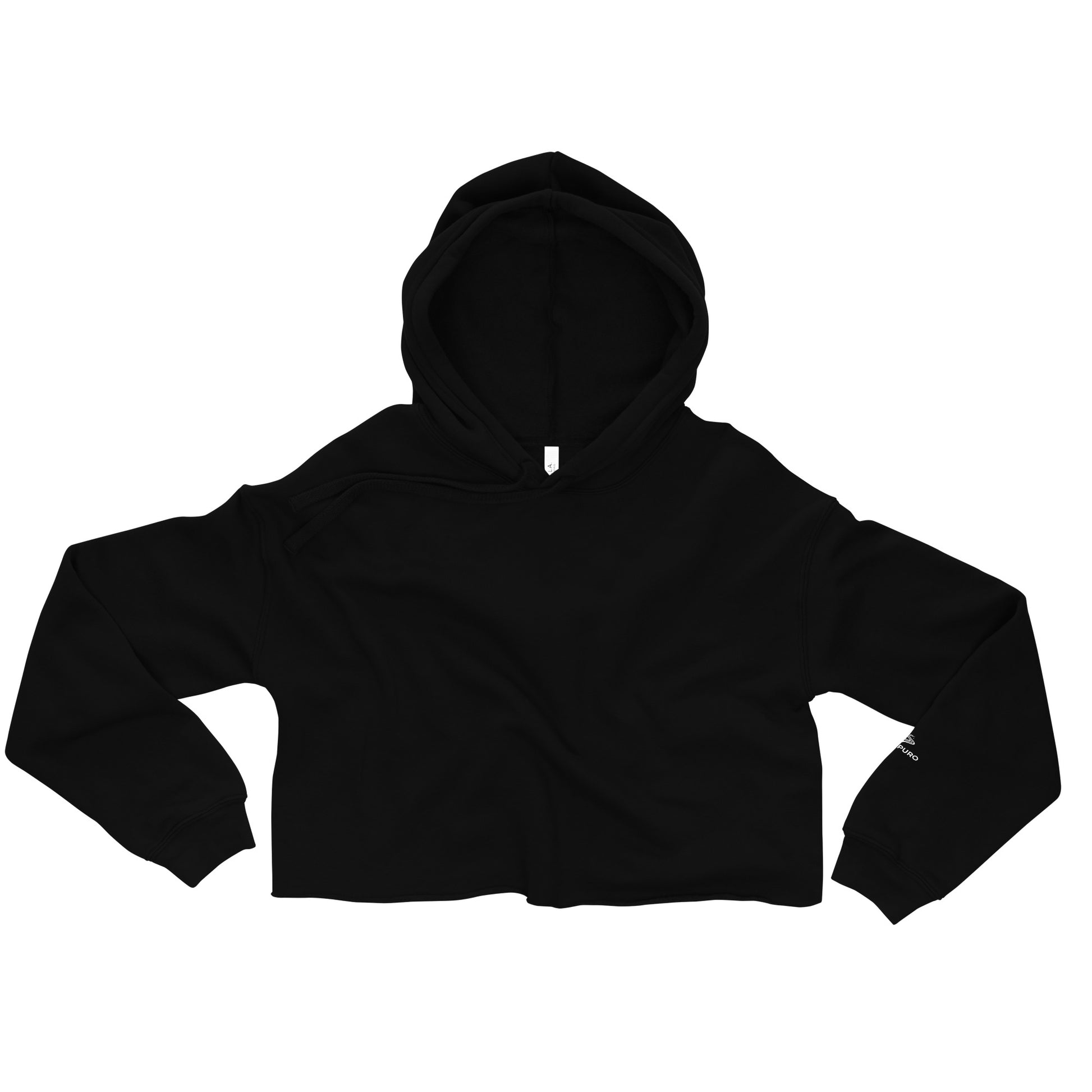 Close-up of the Novapuro logo on the sleeve of the black cropped hoodie