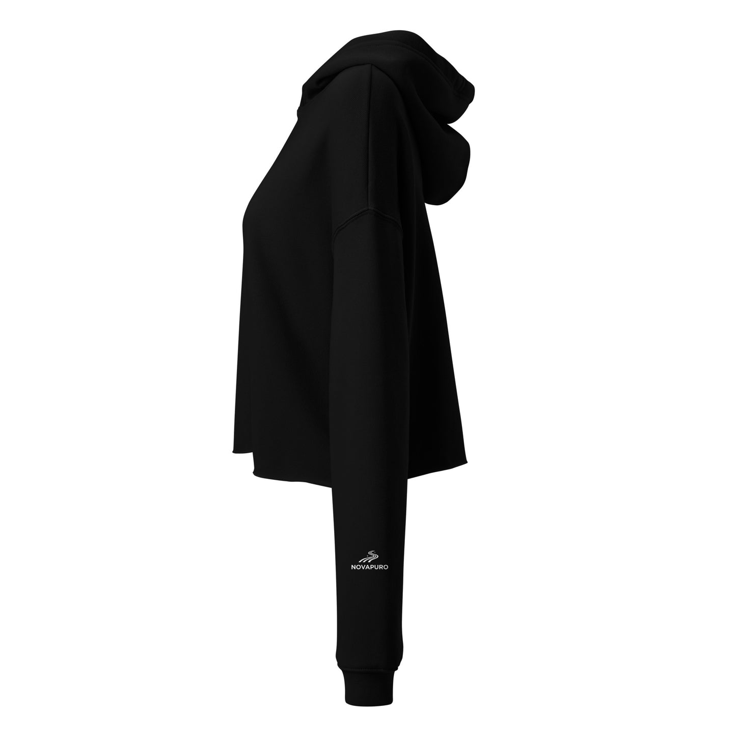 Close-up of the Novapuro logo on the sleeve of the black cropped hoodie