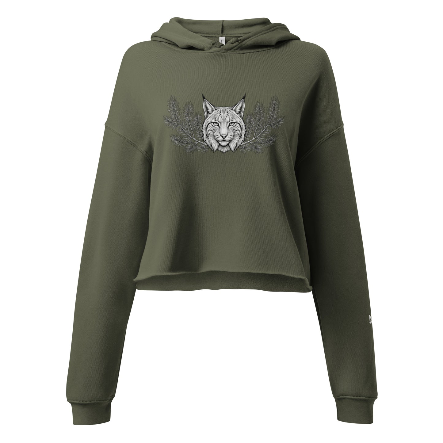Woman wearing a military green cropped hoodie featuring a mystical Nordic lynx illustration. Trendy raw hem fleece pullover with a detailed black and white forest ghost design.