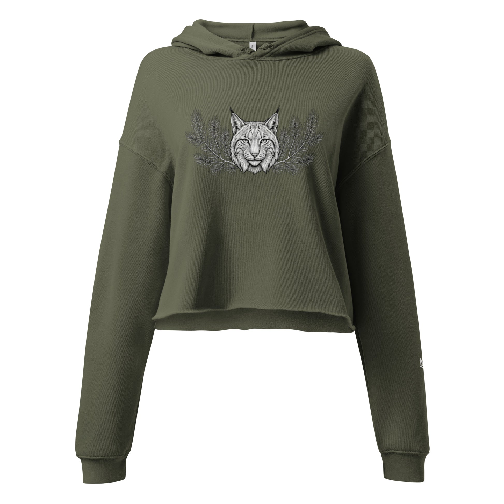 Woman wearing a military green cropped hoodie featuring a mystical Nordic lynx illustration. Trendy raw hem fleece pullover with a detailed black and white forest ghost design.