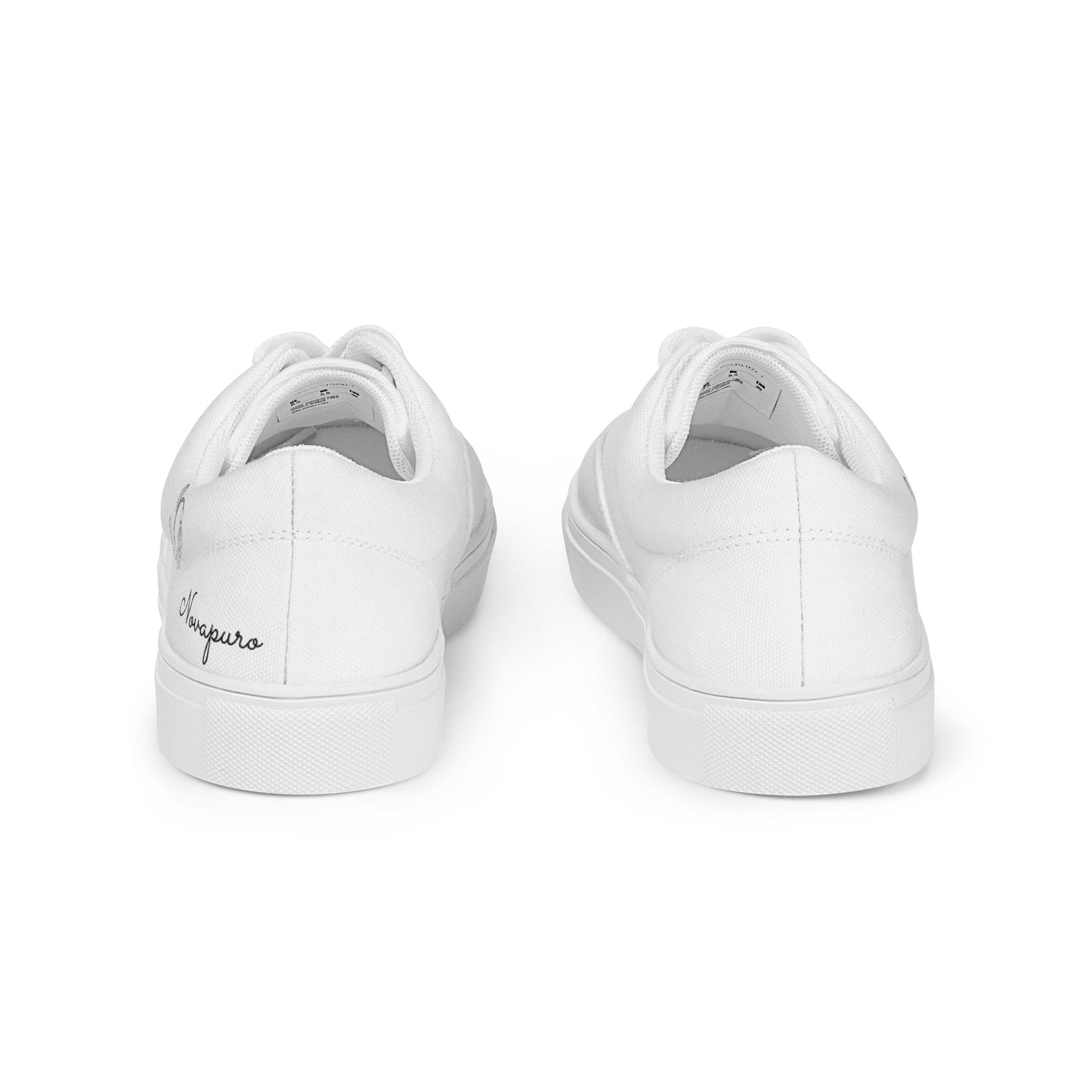 Minimalist white women's canvas sneakers with black First Bloom snowdrop design by Novapuro