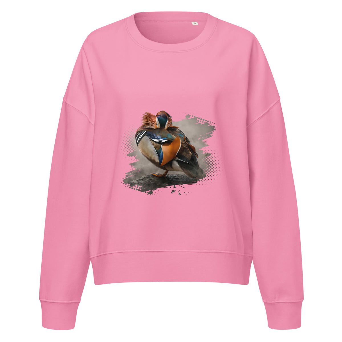 Front view of the women's pink organic crew neck sweatshirt with a colorful Mandarin duck nature print.