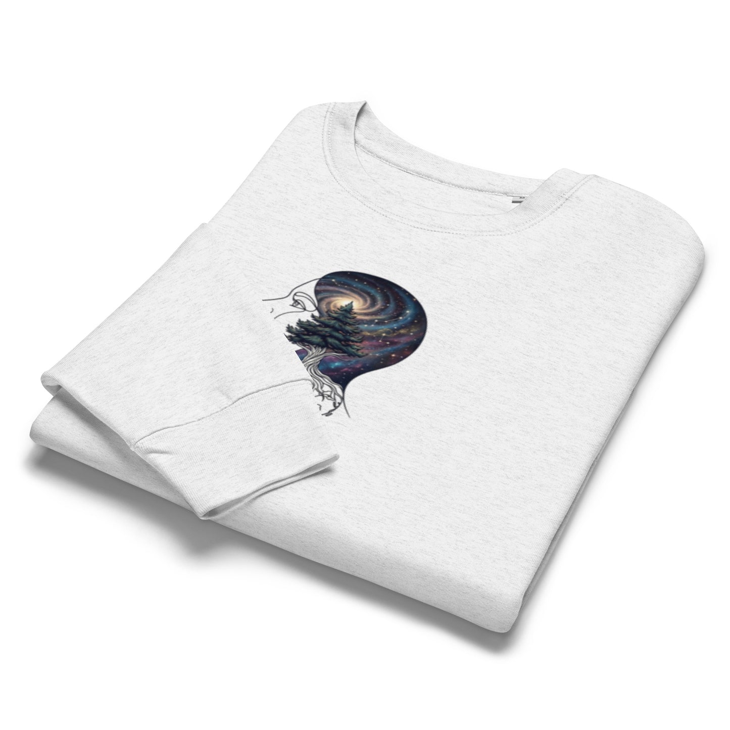 Folded white eco-friendly sweatshirt highlighting the detailed cosmic forest mind illustration on the chest.