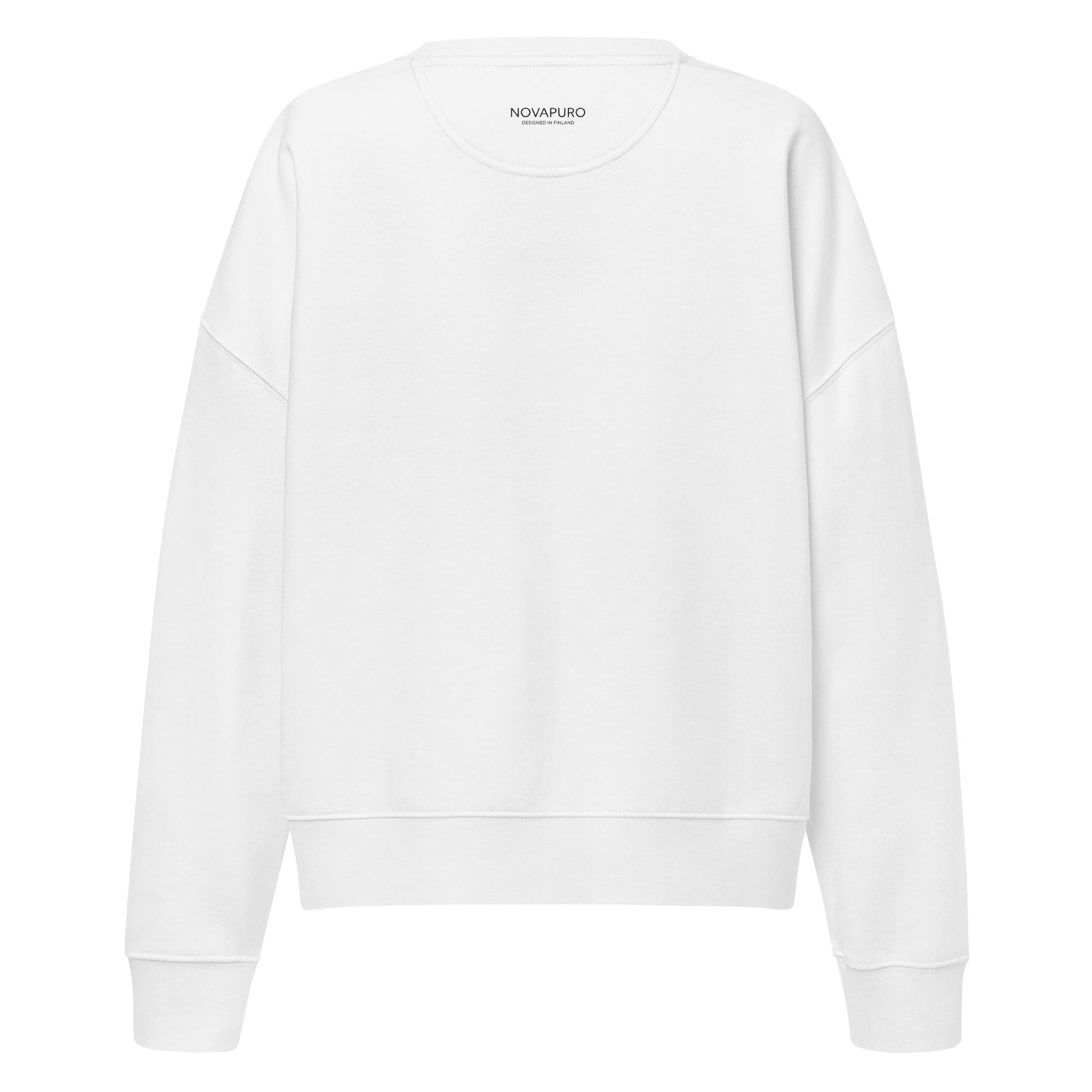Back view of the blank white Novapuro women's organic crewneck sweatshirt made from sustainable brushed fleece
