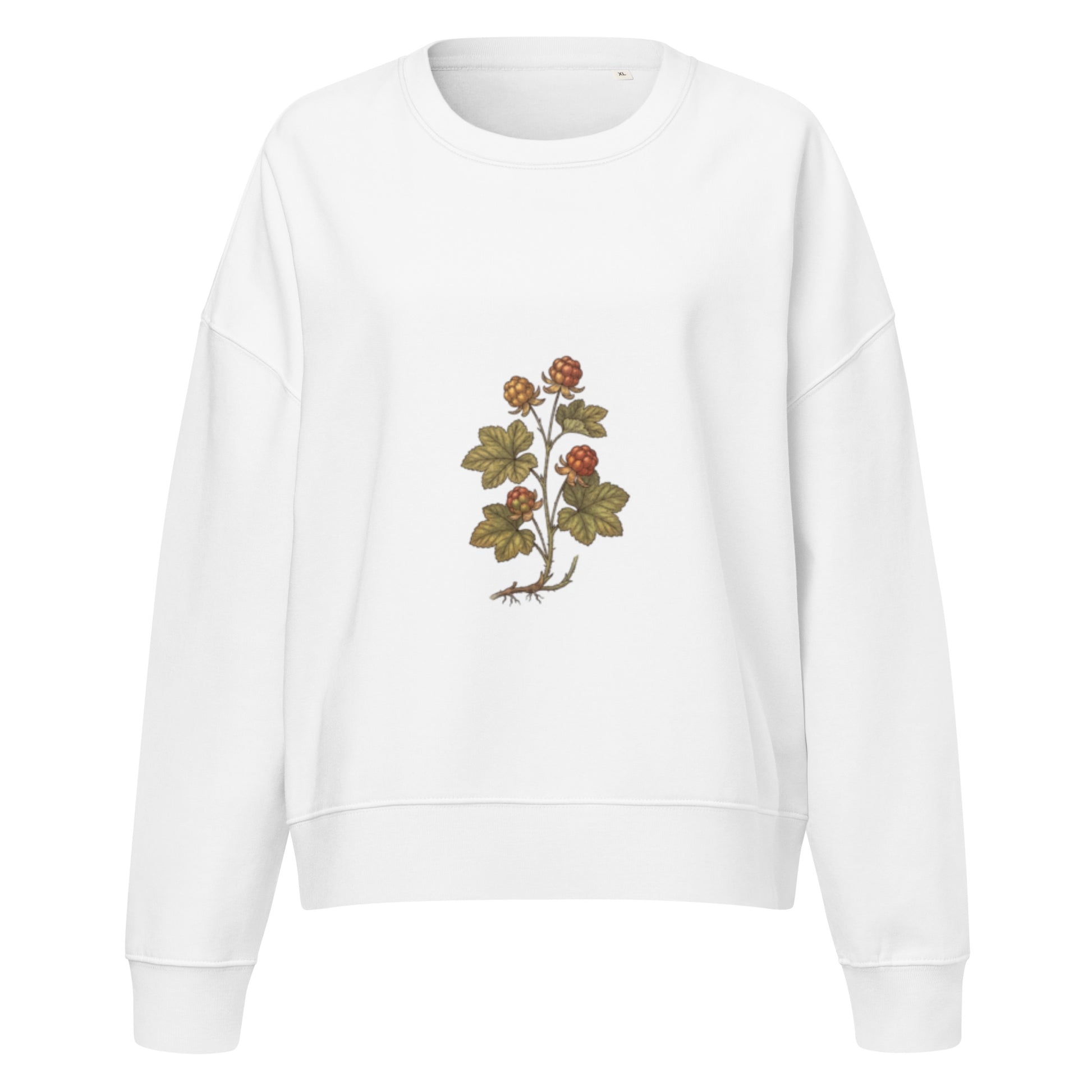 Front view of the white Novapuro Nordic Cloudberry women's eco-friendly organic sweatshirt.