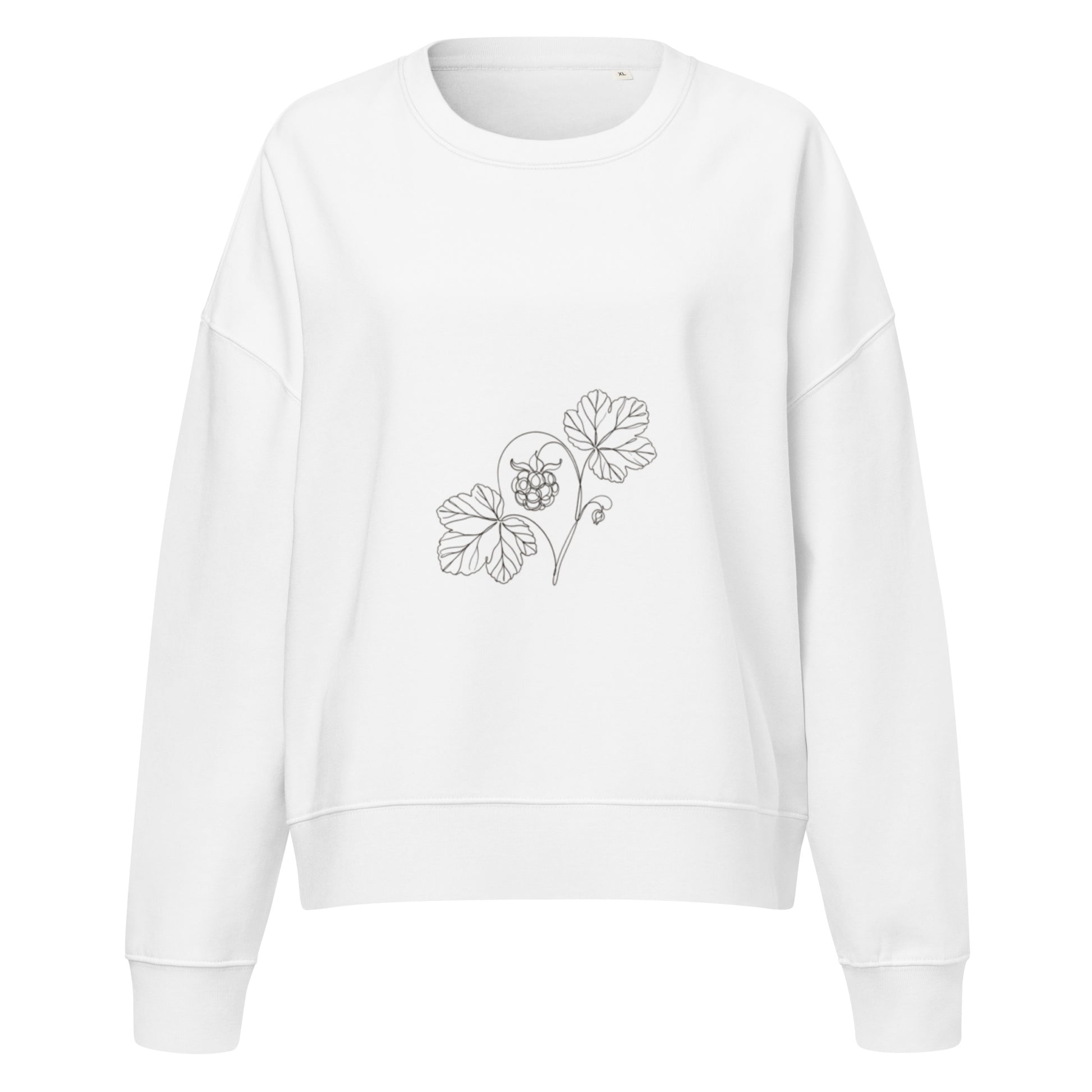 White Novapuro women's organic cotton crewneck sweatshirt hanging on a black garment rack, featuring a minimalist botanical cloudberry line art illustration on the left chest