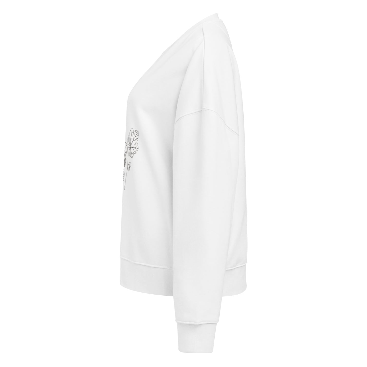Side profile of the off-white Novapuro women's organic cotton sweatshirt featuring dropped shoulders and ribbed cuffs
