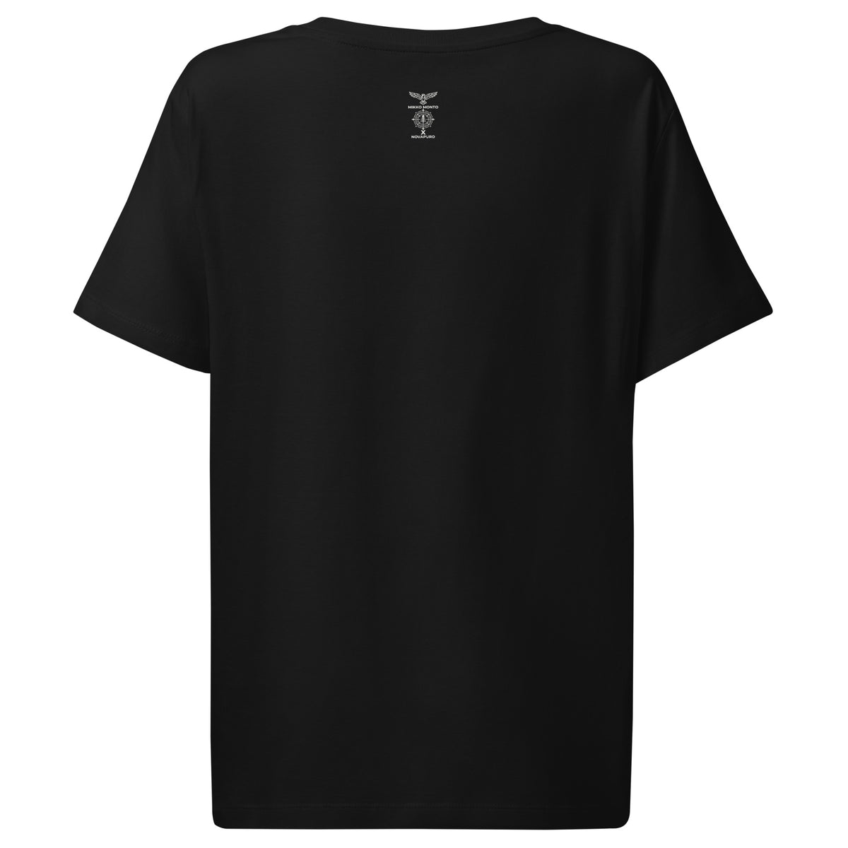 Front view of the eco-friendly women's t-shirt in black, showcasing the artistic 'Forest King' distressed edge print.