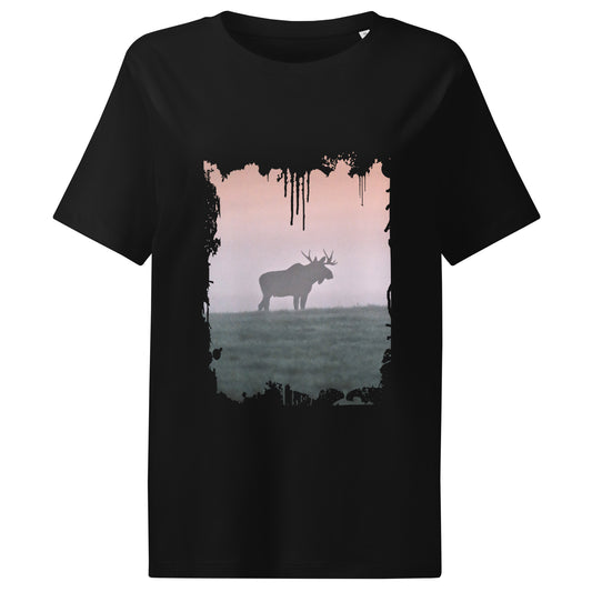 Front view of the eco-friendly women's t-shirt in black, showcasing the artistic 'Forest King' distressed edge print.