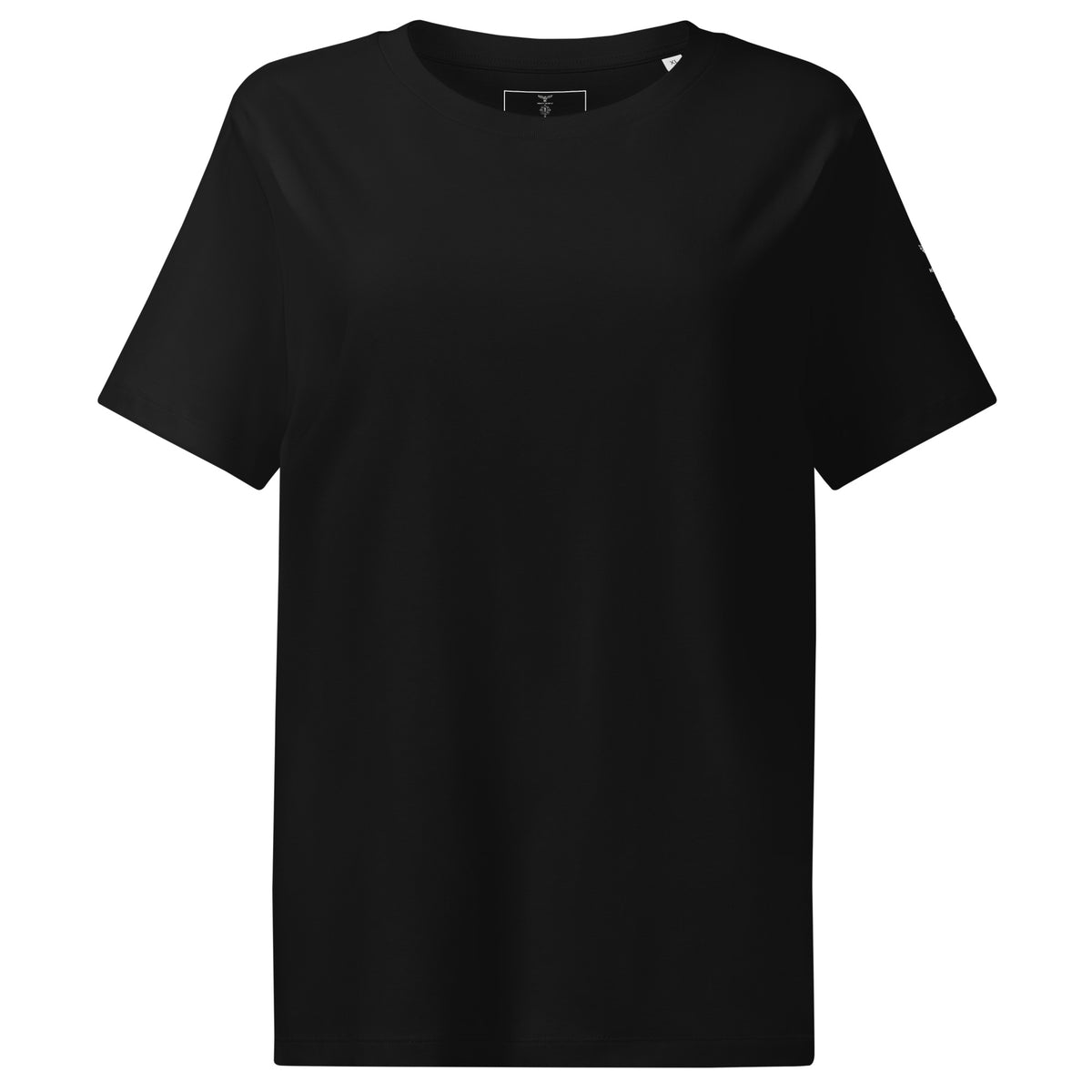 Front view of the eco-friendly women's t-shirt in black, showcasing the original wildlife photography front print of two moose by Mikko Monto