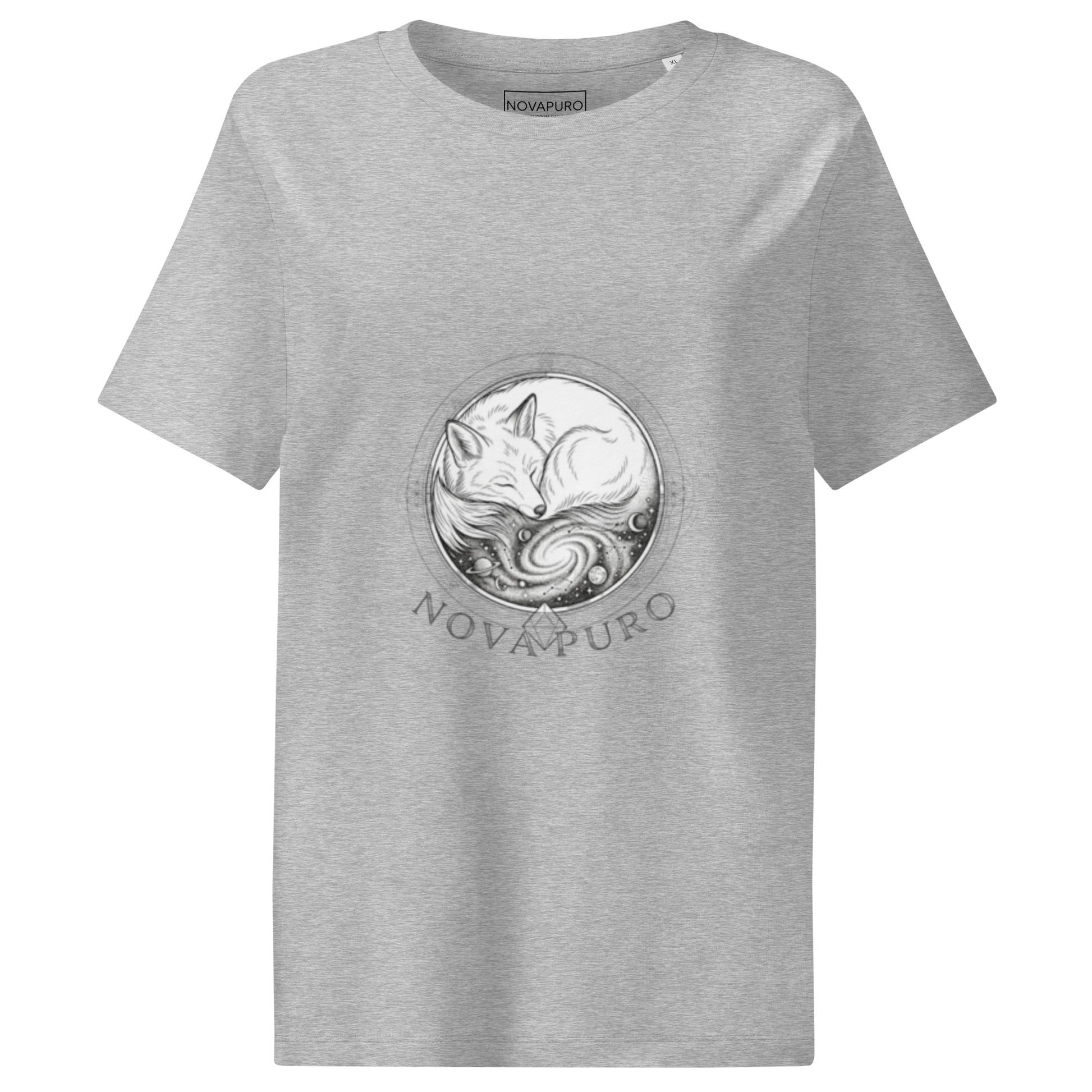 Flat lay of the grey Novapuro women's organic cotton t-shirt showcasing the detailed sleeping fox and galaxy graphic.