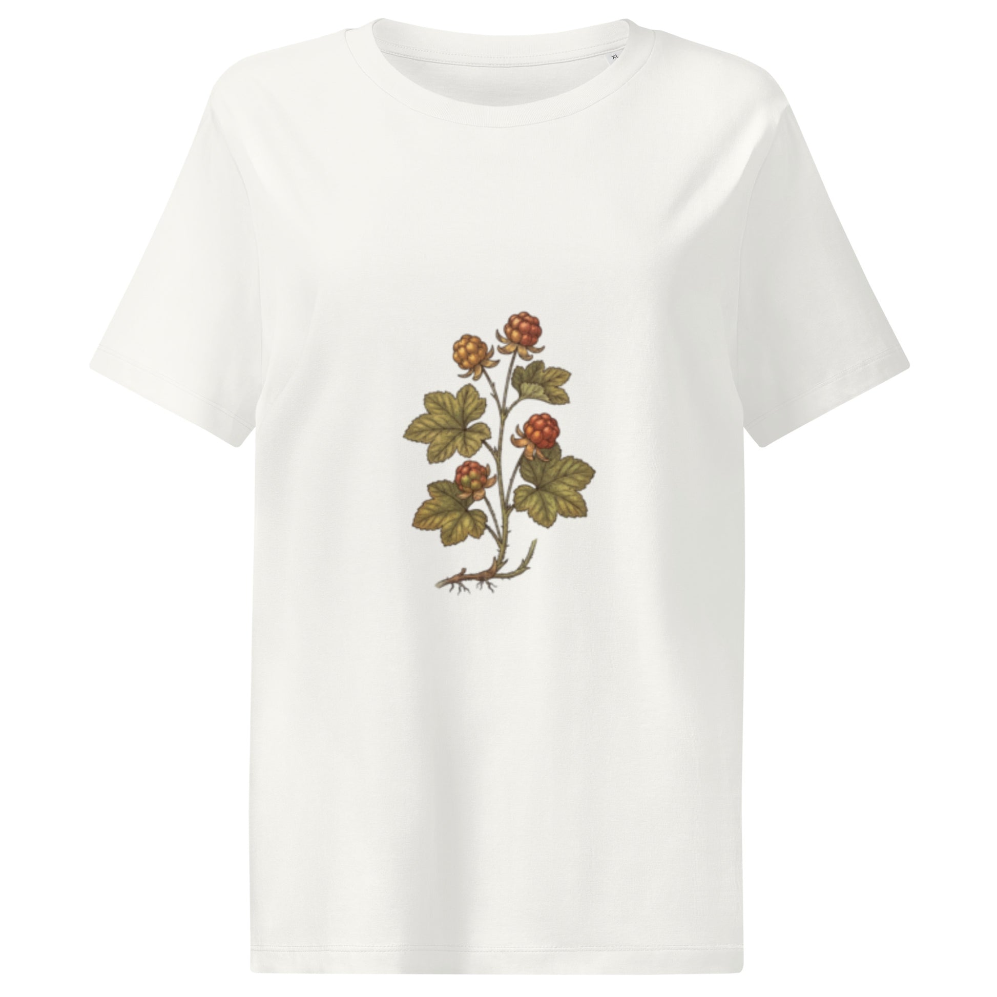 Front view of the white Novapuro Nordic Cloudberry women's eco-friendly t-shirt.