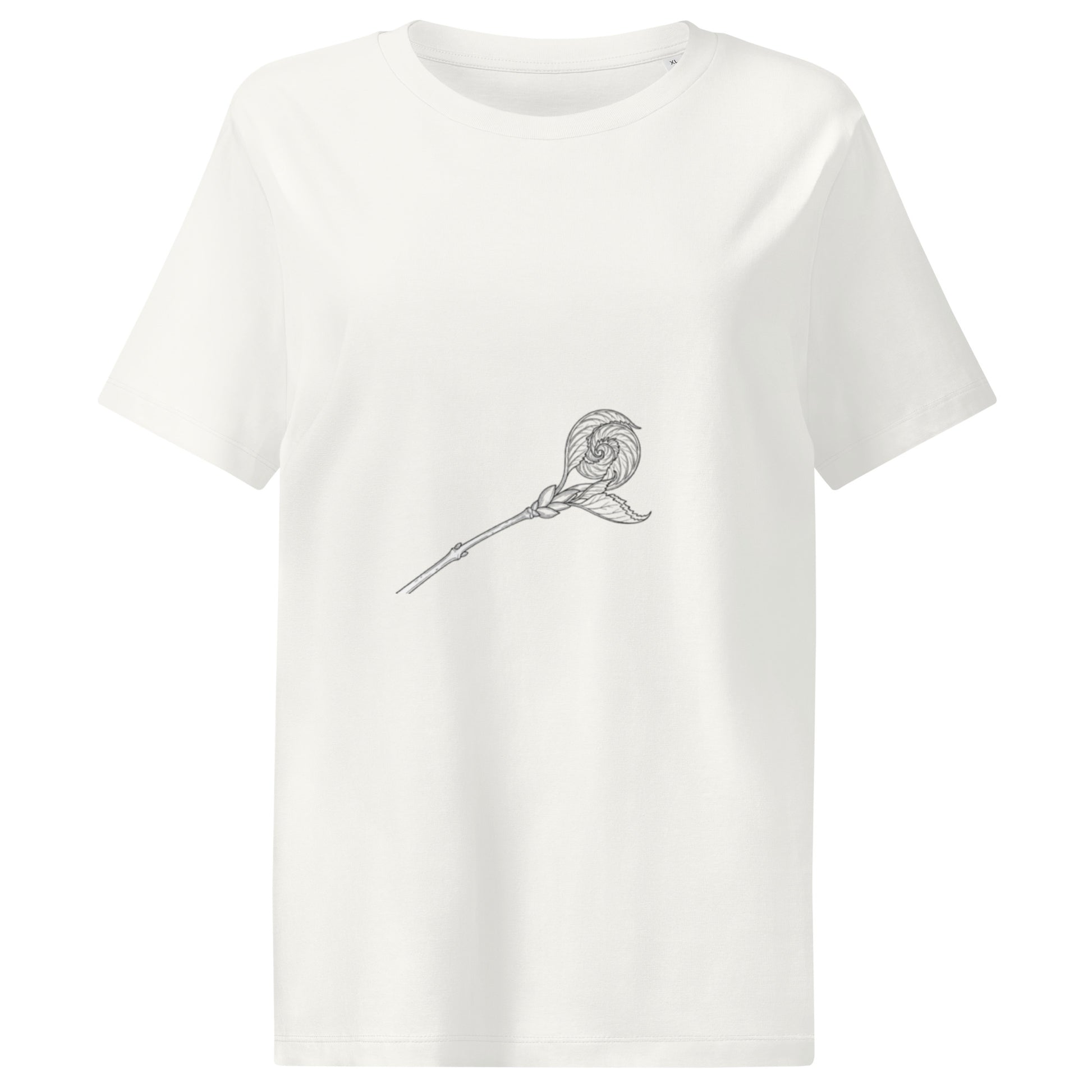 Model wearing a white organic cotton ribbed t-shirt with a minimalist spring bud graphic by Novapuro