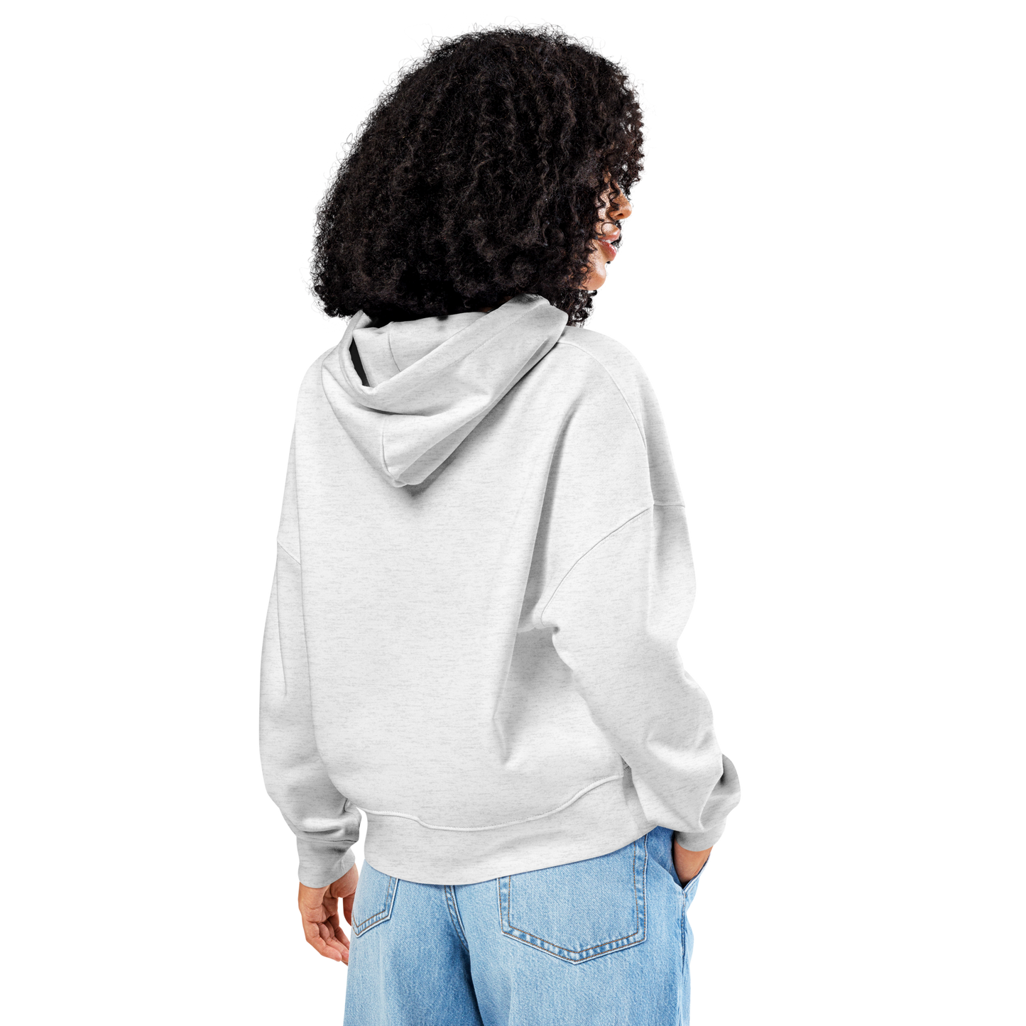Back view of the heavyweight premium organic cotton unisex hoodie in white. Eco-friendly and durable winter streetwear.