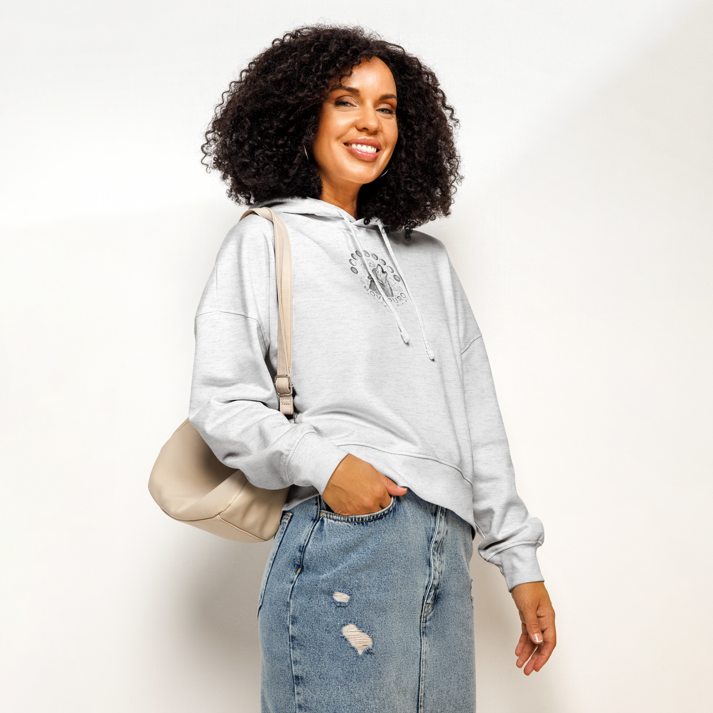 White premium women's organic mid-weight hoodie featuring a minimalist double exposure Lunar Wolf and moon phases graphic. Sustainable Nordic streetwear.