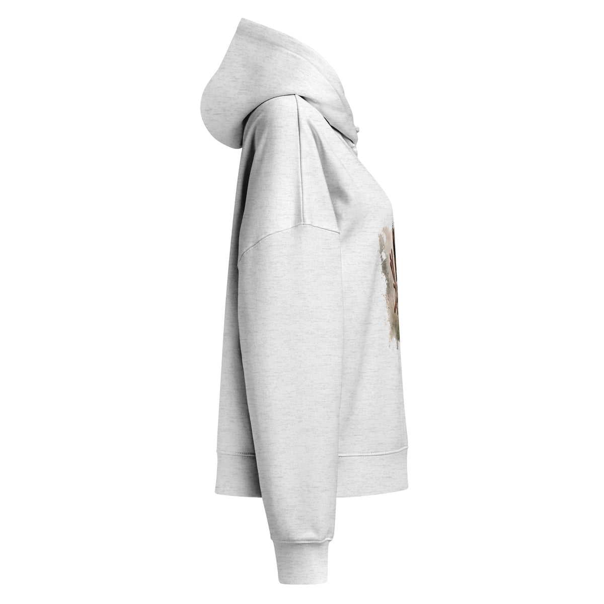 Side and back view of the white eco-friendly women's organic cotton hoodie, highlighting the comfortable medium fit and double-layered hood.