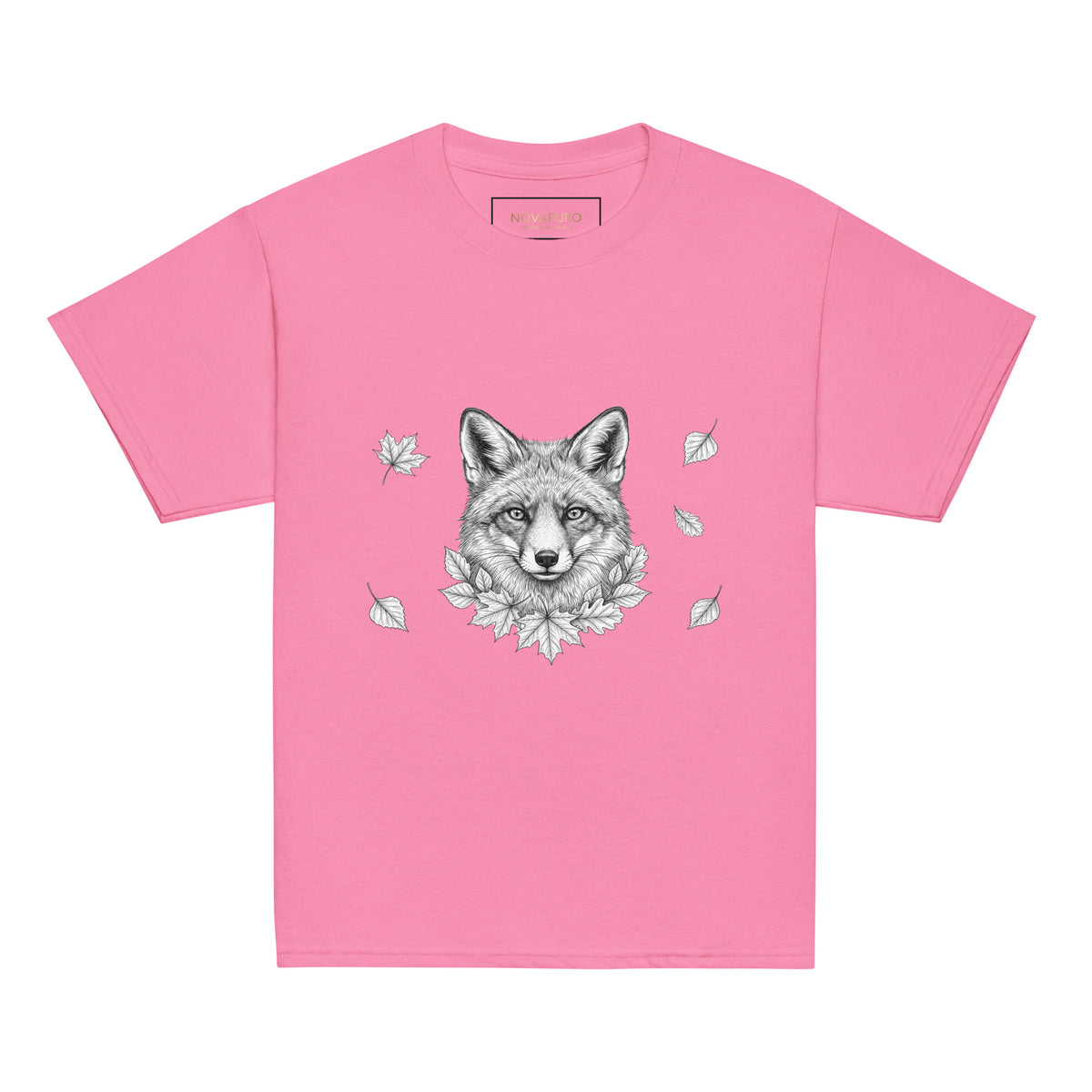 Front view of the pink girls organic feel cotton t-shirt featuring a minimalist black ink Nordic fox illustration.