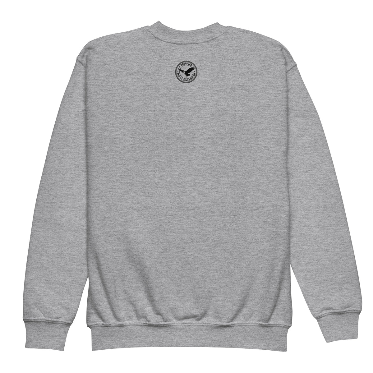 Back view of the grey youth crewneck sweatshirt by Novapuro.