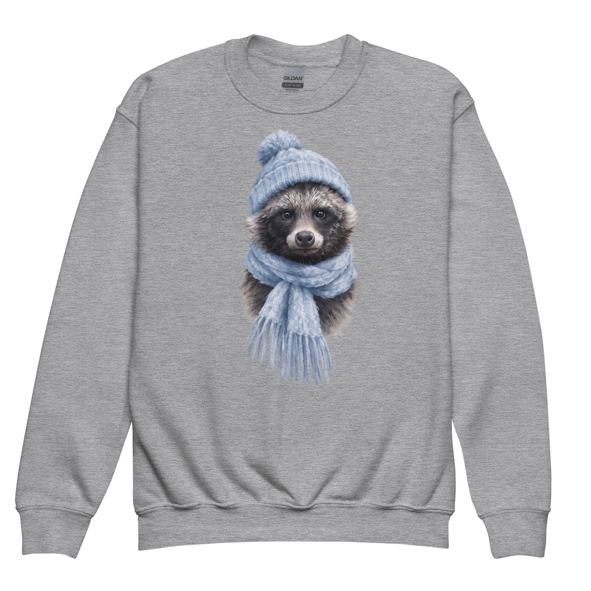Front view of the grey youth crewneck sweatshirt featuring a cute winter raccoon print by Annette Thome Marttinen x Novapuro.